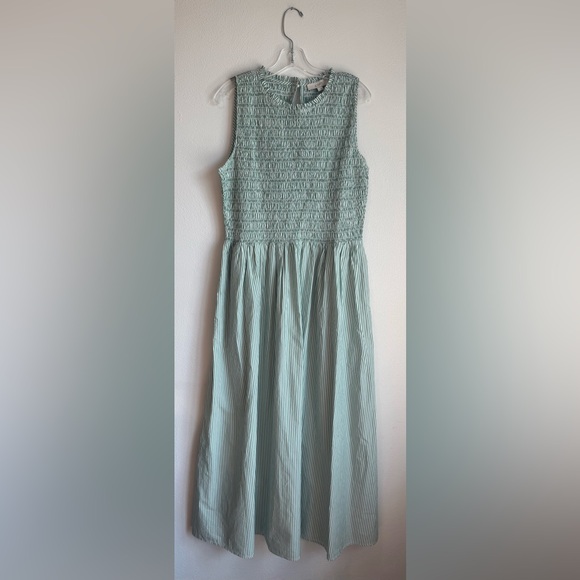 NWT LOFT Green and White Striped Sleeveless Smocked Midi Dress - Picture 2 of 12